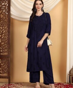 Faiza Chikankari Rayon Co-ord Set (Navy) - Image 6