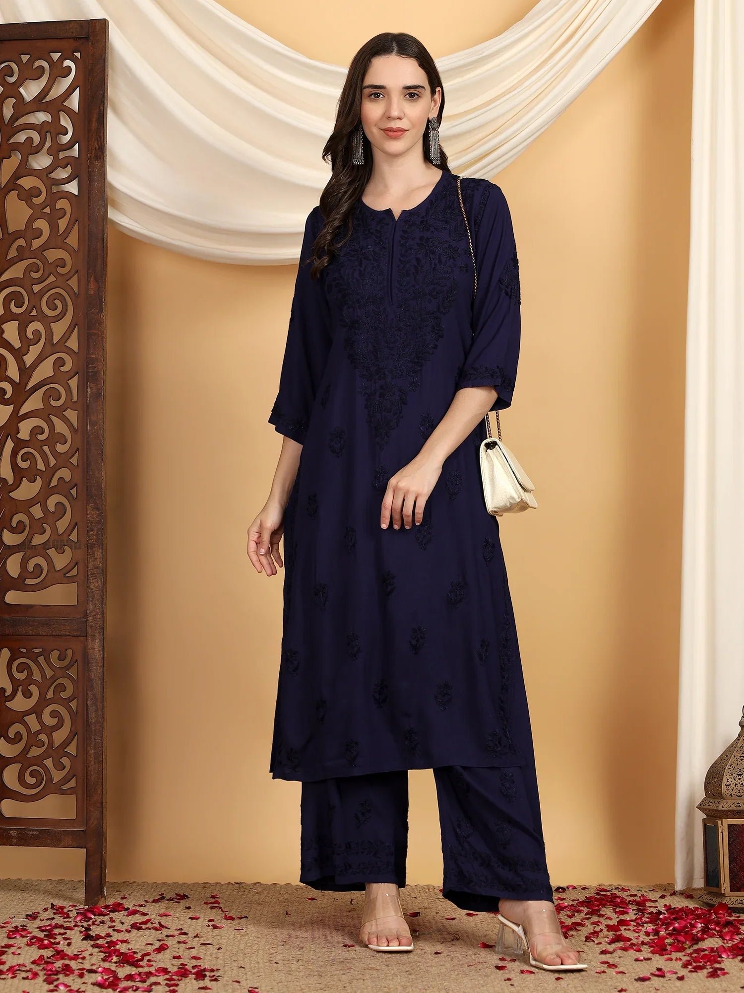 Faiza Chikankari Rayon Co-ord Set (Navy) - Image 6