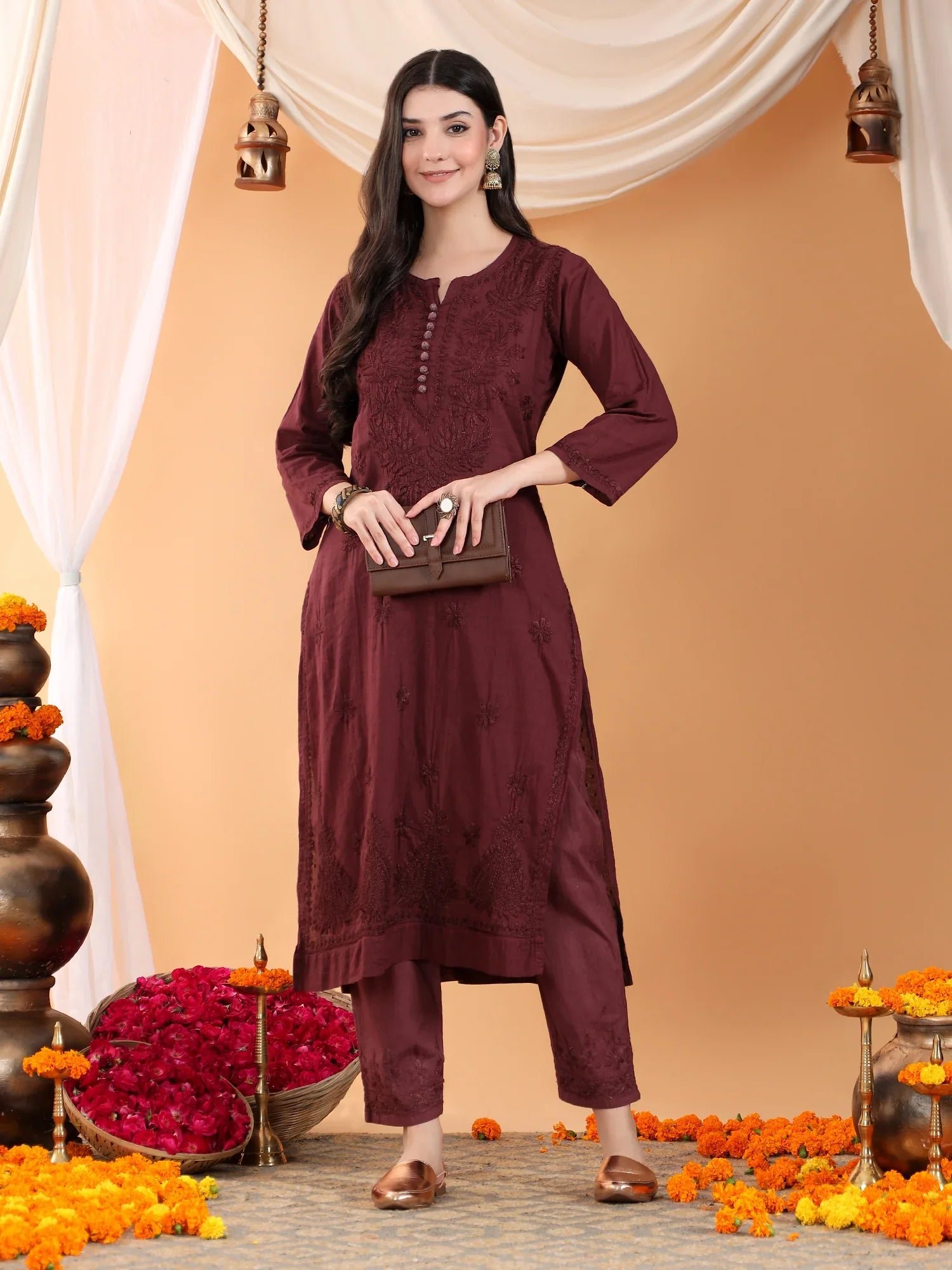 Ananya Chikankari Kurta Pant Cotton Co-ord Set (Brown) - Image 5