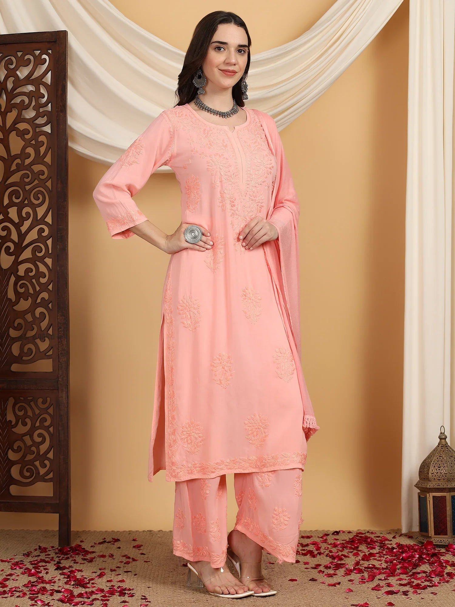 Farha Chikankari Premium Modal Co-ord Set (Peach) - Image 4