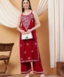 Raha Chikankari Strappy Rayon Co-ord Set (Maroon)