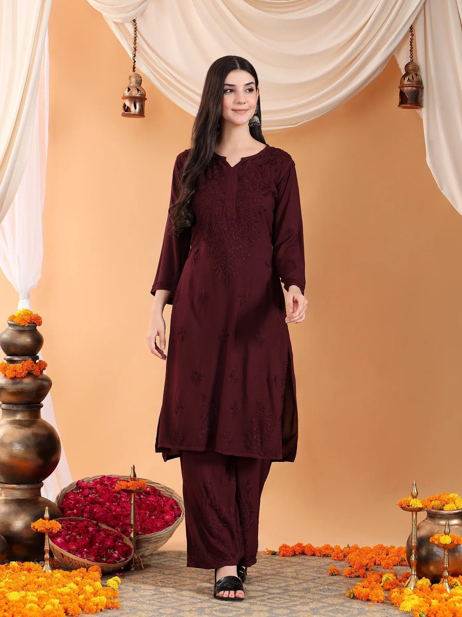 Maryam Chikankari Rayon Co-ord Set (Brown) - Image 4