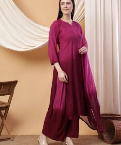 Meher Chikankari Ombre Rayon Co-ord Set (Wine)