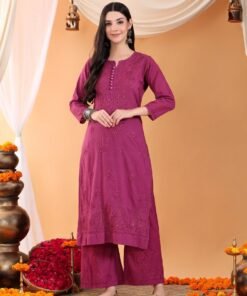 Priya Chikankari Kurta Palazzo Cotton Co-ord Set (Wine)