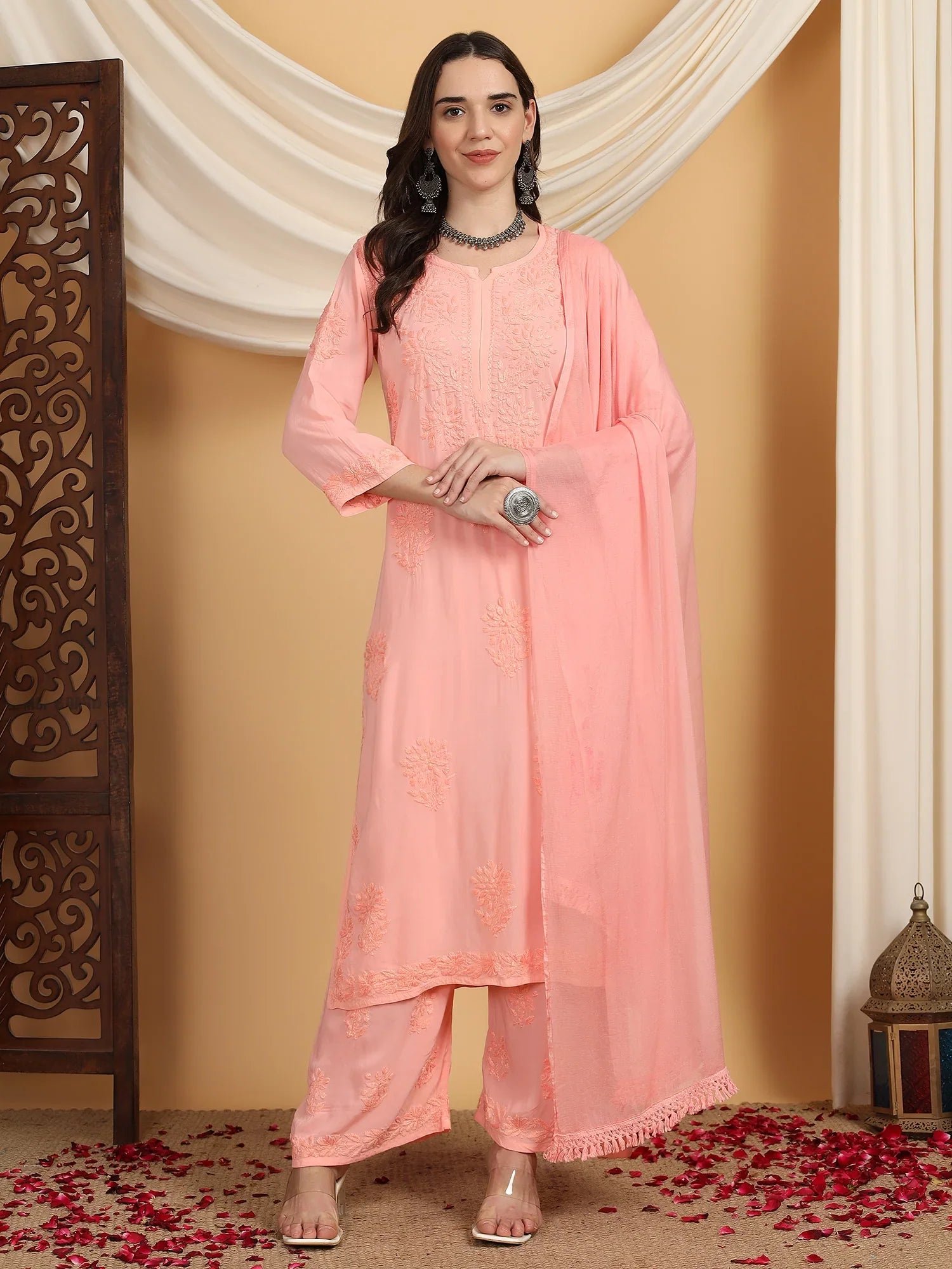 Farha Chikankari Premium Modal Co-ord Set (Peach) - Image 5