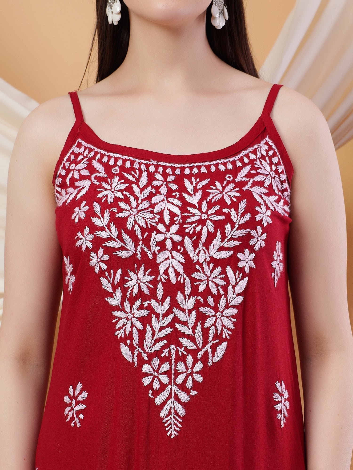 Raha Chikankari Strappy Rayon Co-ord Set (Maroon) - Image 2