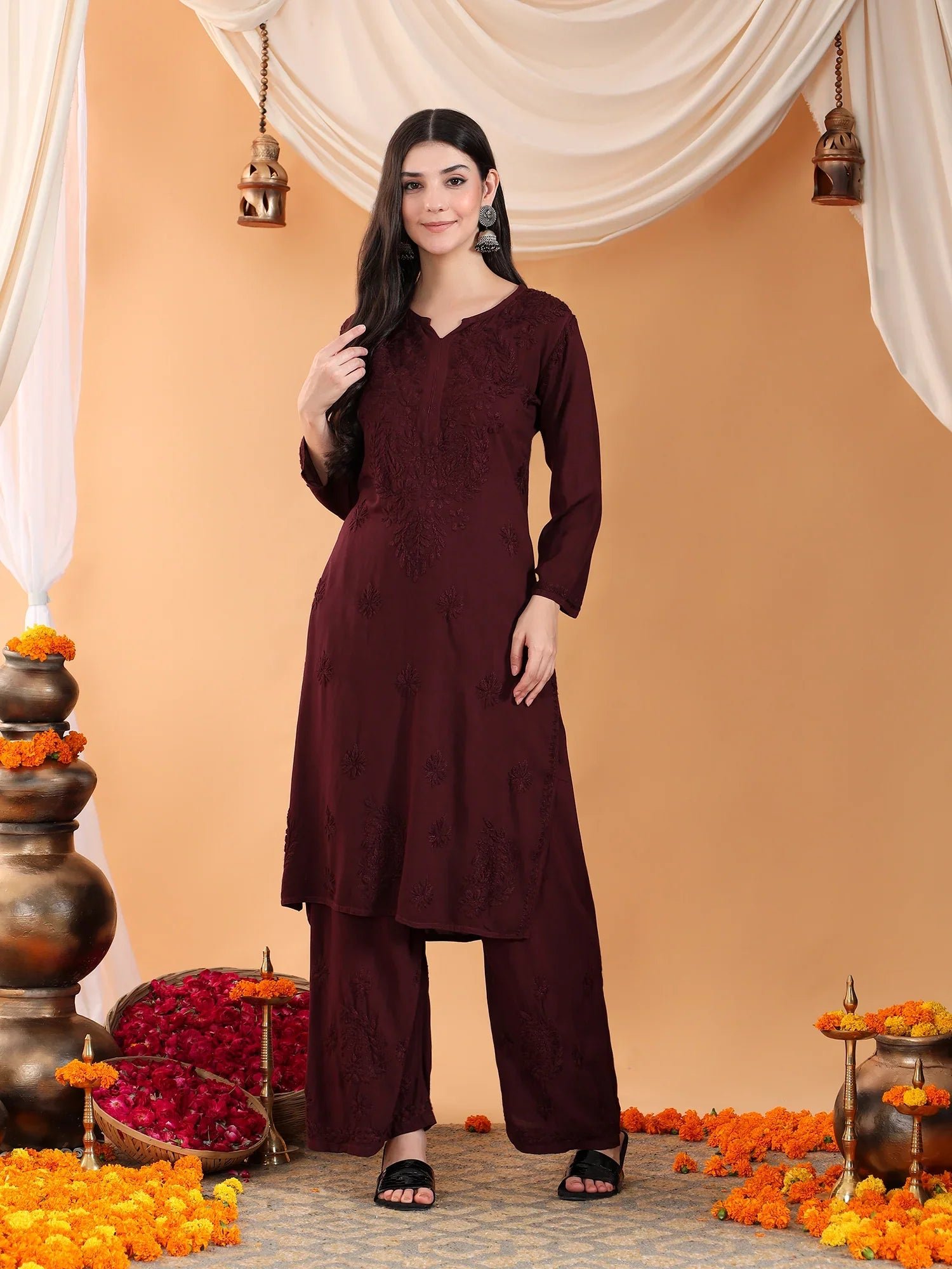 Maryam Chikankari Rayon Co-ord Set (Brown) - Image 5
