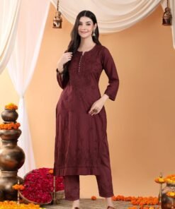 Ananya Chikankari Kurta Pant Cotton Co-ord Set (Brown) - Image 7