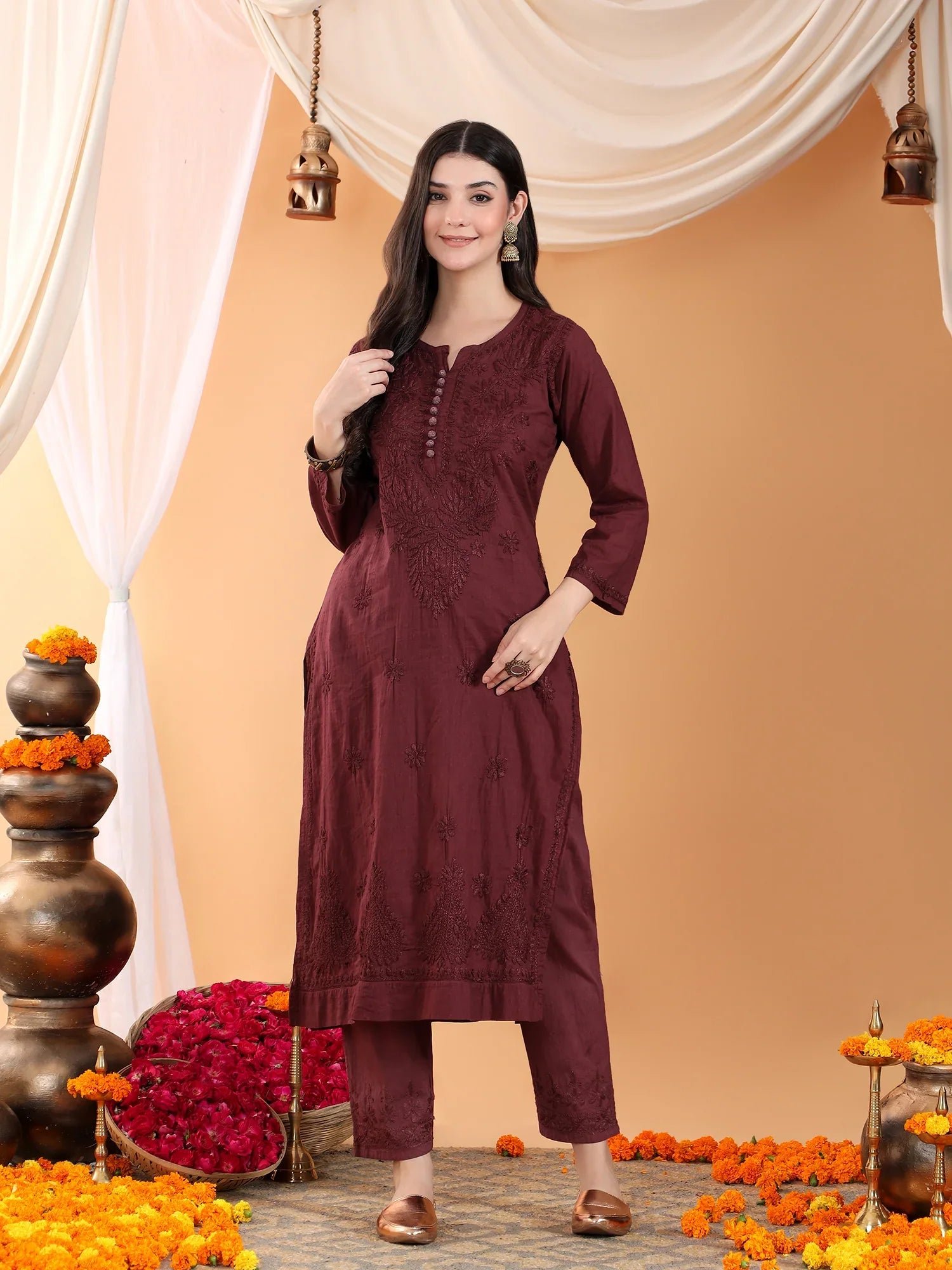 Ananya Chikankari Kurta Pant Cotton Co-ord Set (Brown) - Image 7