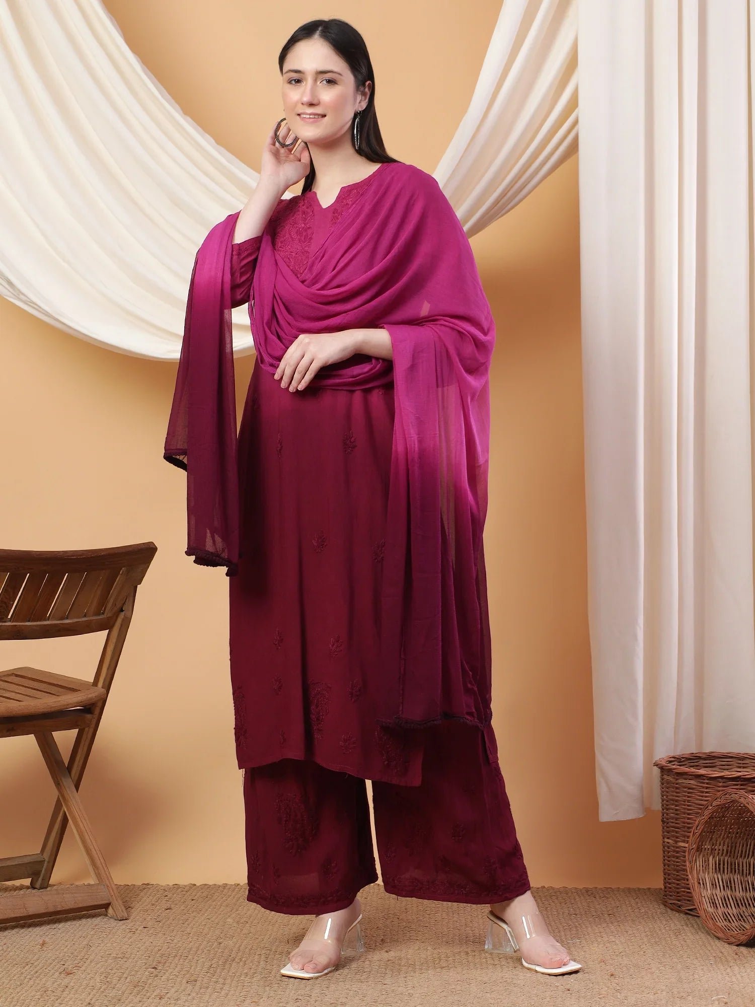 Meher Chikankari Ombre Rayon Co-ord Set (Wine) - Image 3