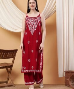 Raha Chikankari Strappy Rayon Co-ord Set (Maroon) - Image 3