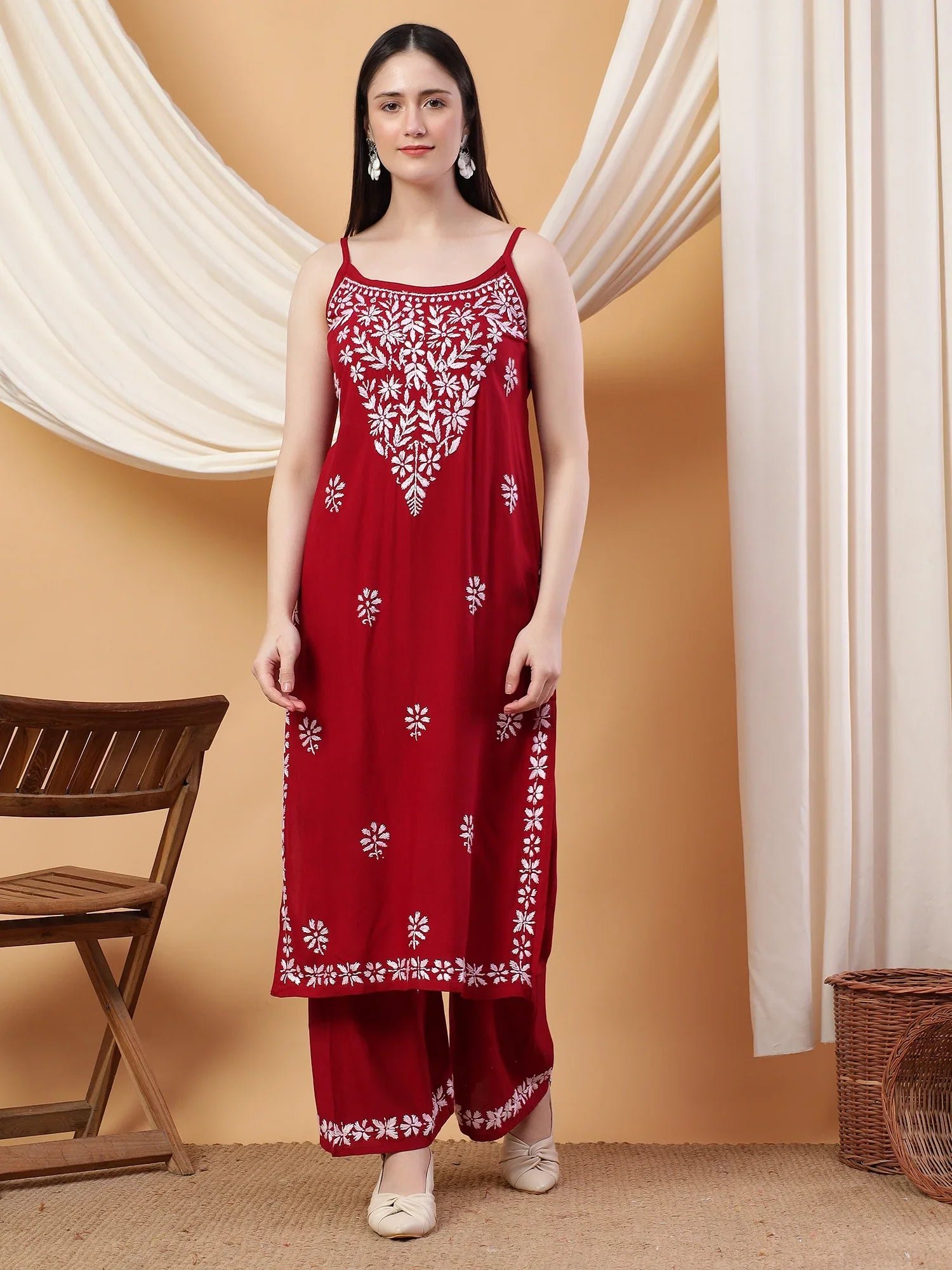 Raha Chikankari Strappy Rayon Co-ord Set (Maroon) - Image 3