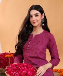 Alternative view of Priya Chikankari Kurta Palazzo Cotton Co-ord Set (Wine)