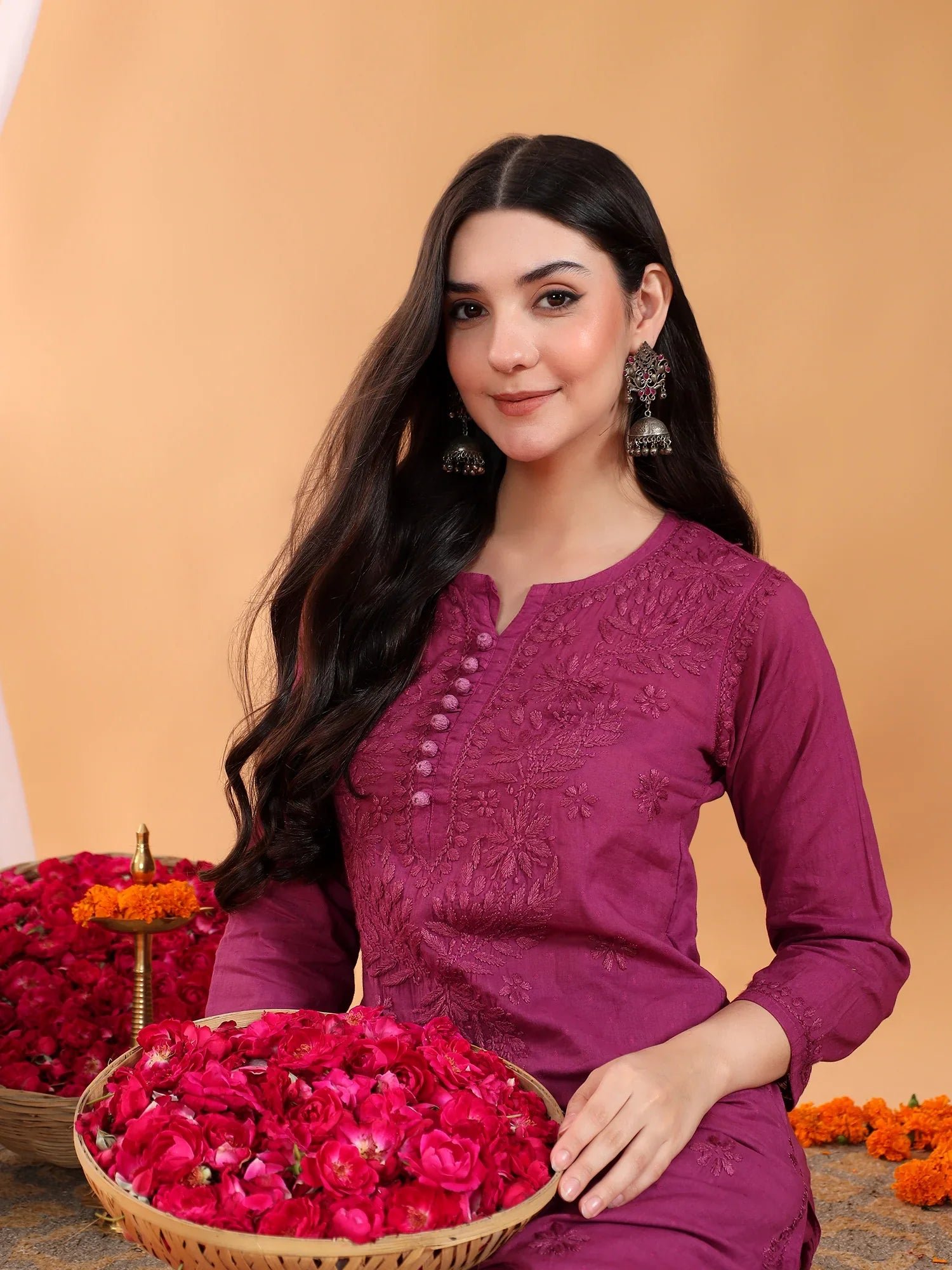 Priya Chikankari Kurta Palazzo Cotton Co-ord Set (Wine) - Image 2