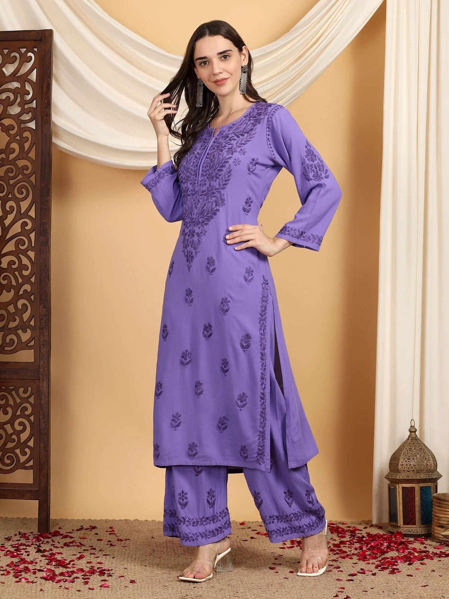 Faiza Chikankari Rayon Co-ord Set (Purple) - Image 3