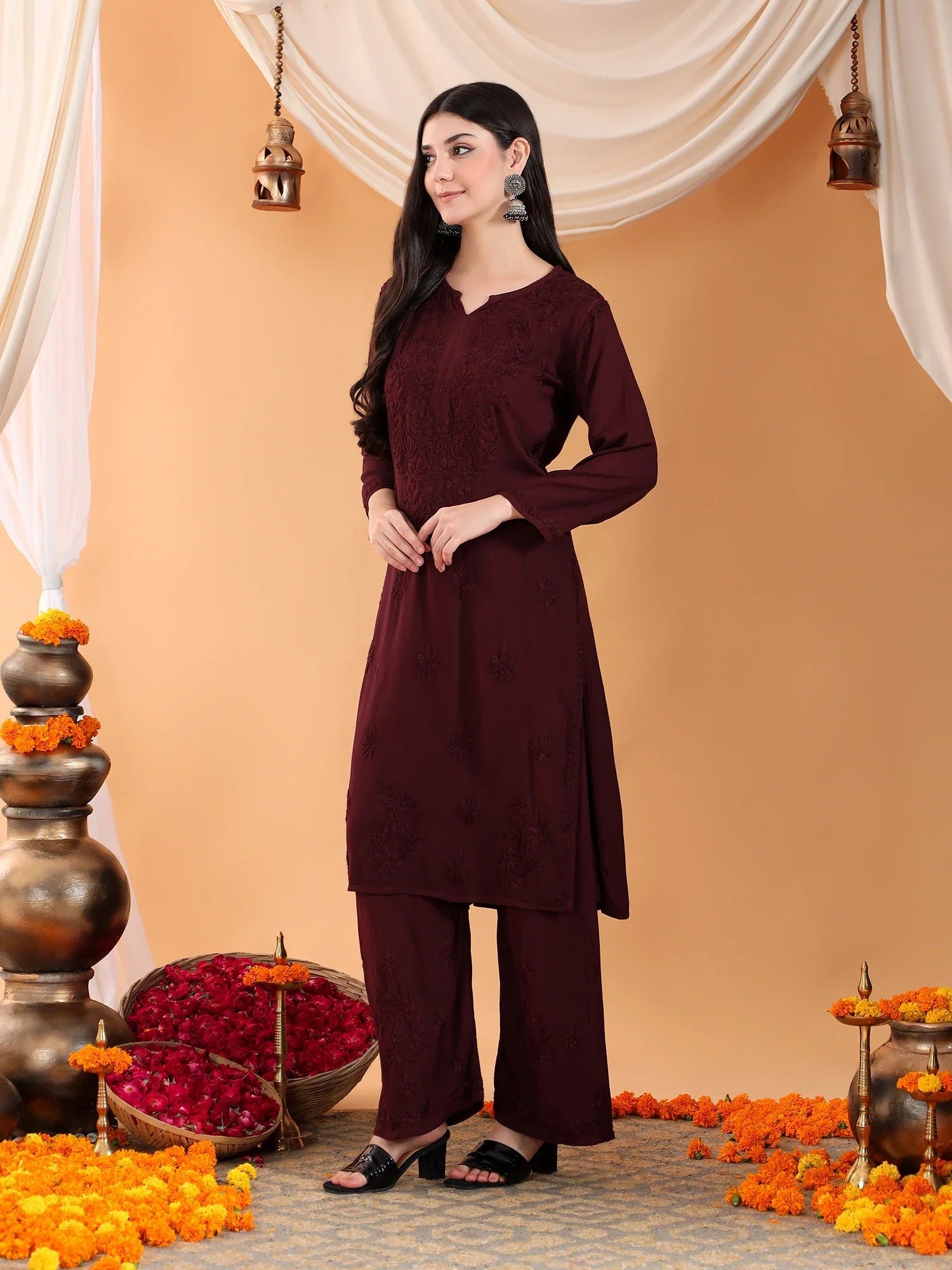 Maryam Chikankari Rayon Co-ord Set (Brown) - Image 6