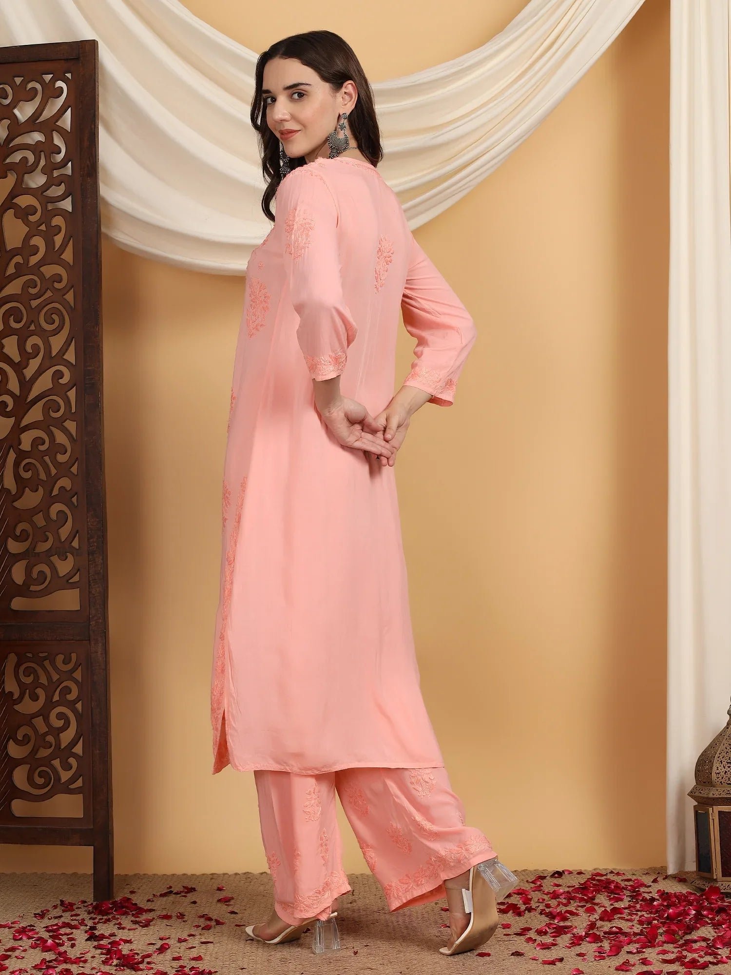 Farha Chikankari Premium Modal Co-ord Set (Peach) - Image 6
