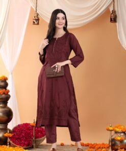 Ananya Chikankari Kurta Pant Cotton Co-ord Set (Brown) - Image 8