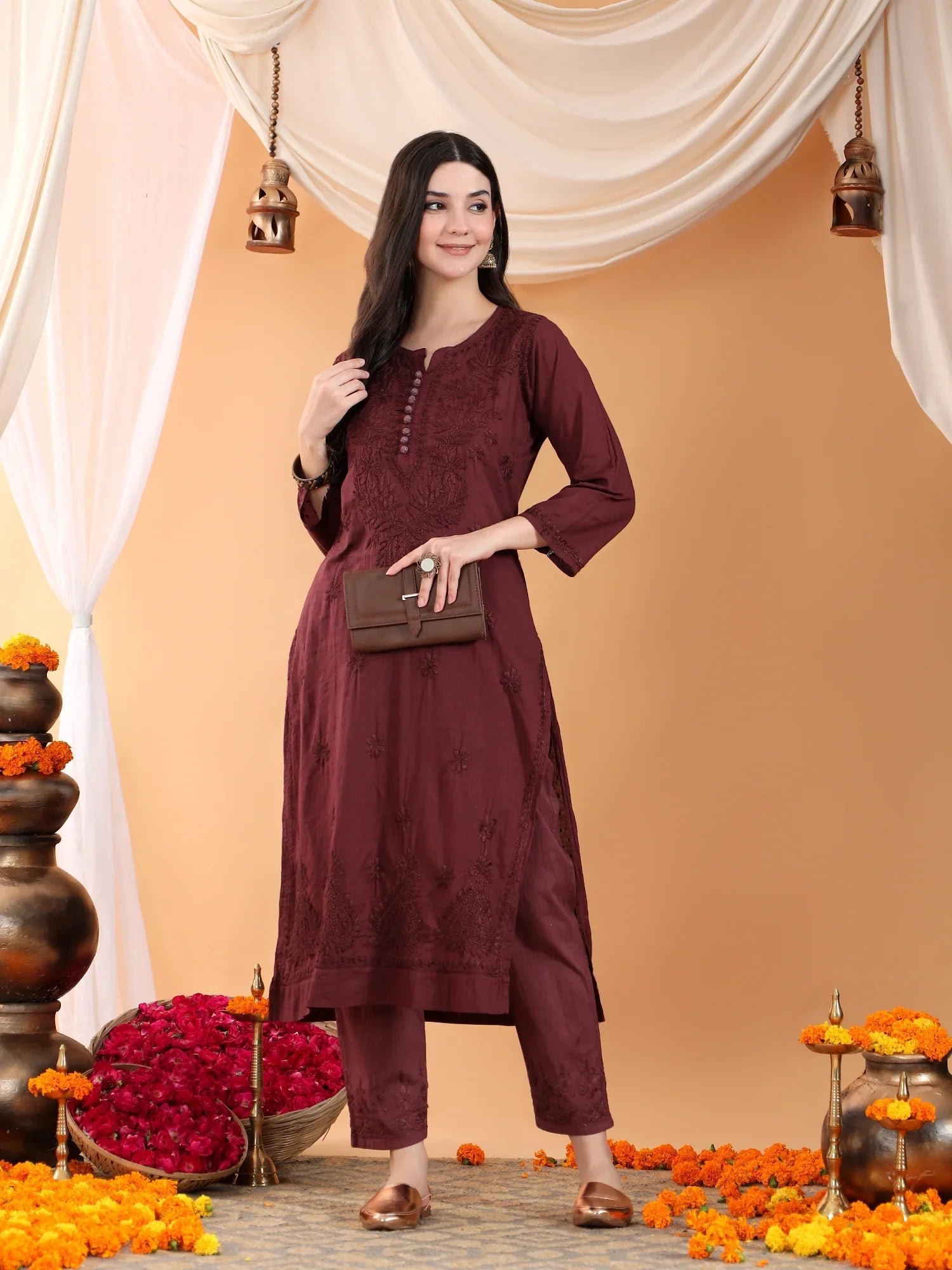 Ananya Chikankari Kurta Pant Cotton Co-ord Set (Brown) - Image 8