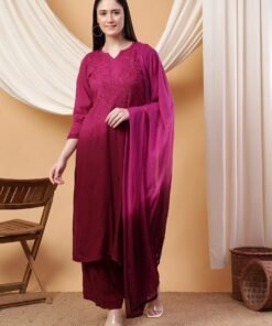 Meher Chikankari Ombre Rayon Co-ord Set (Wine) - Image 4