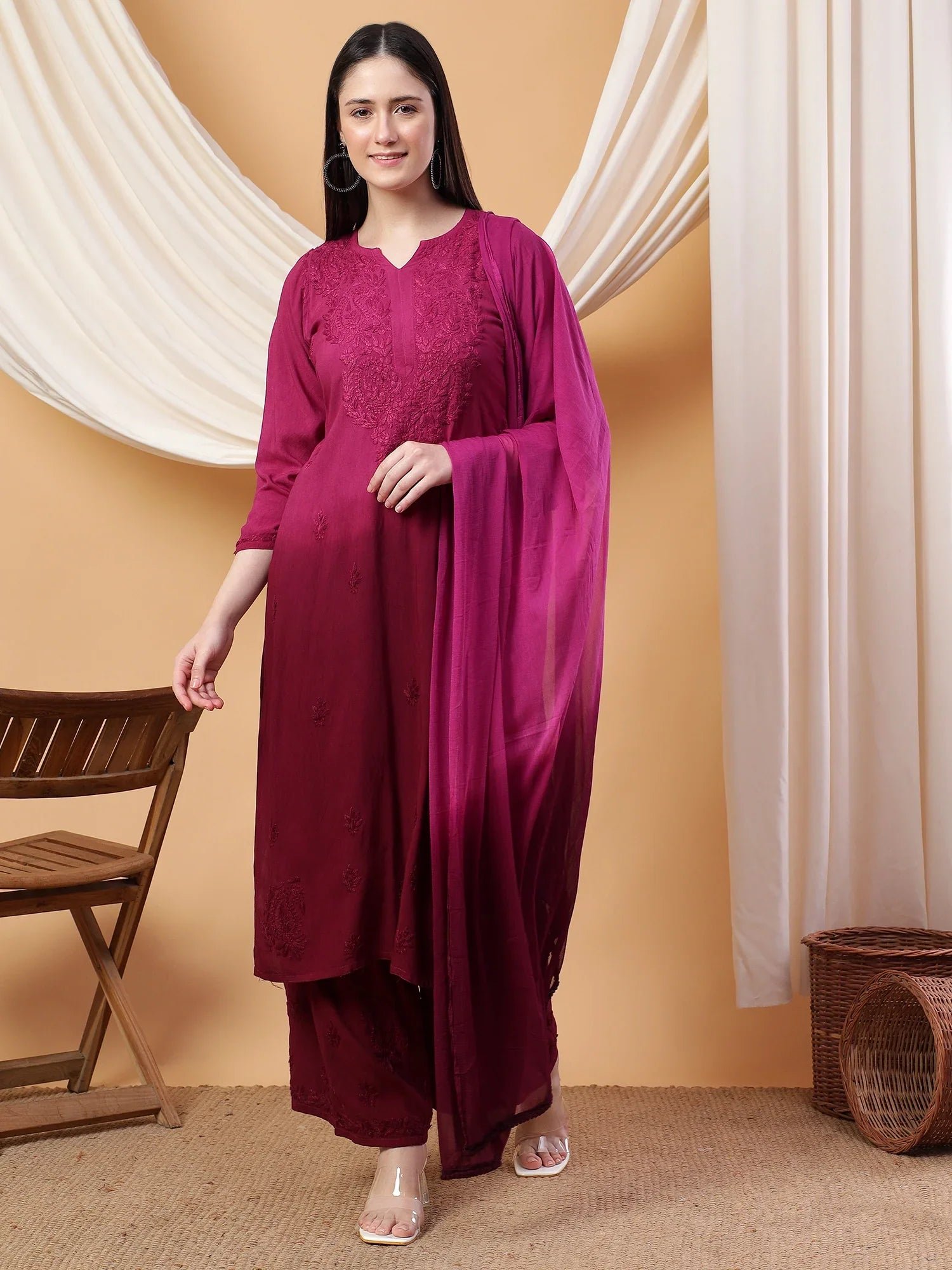 Meher Chikankari Ombre Rayon Co-ord Set (Wine) - Image 4