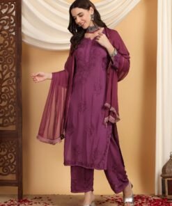 Farha Chikankari Premium Modal Co-ord Set (Wine)