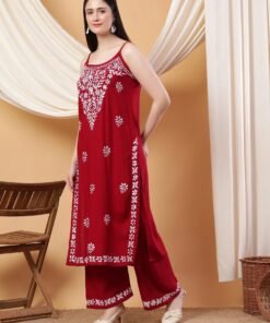Raha Chikankari Strappy Rayon Co-ord Set (Maroon) - Image 4