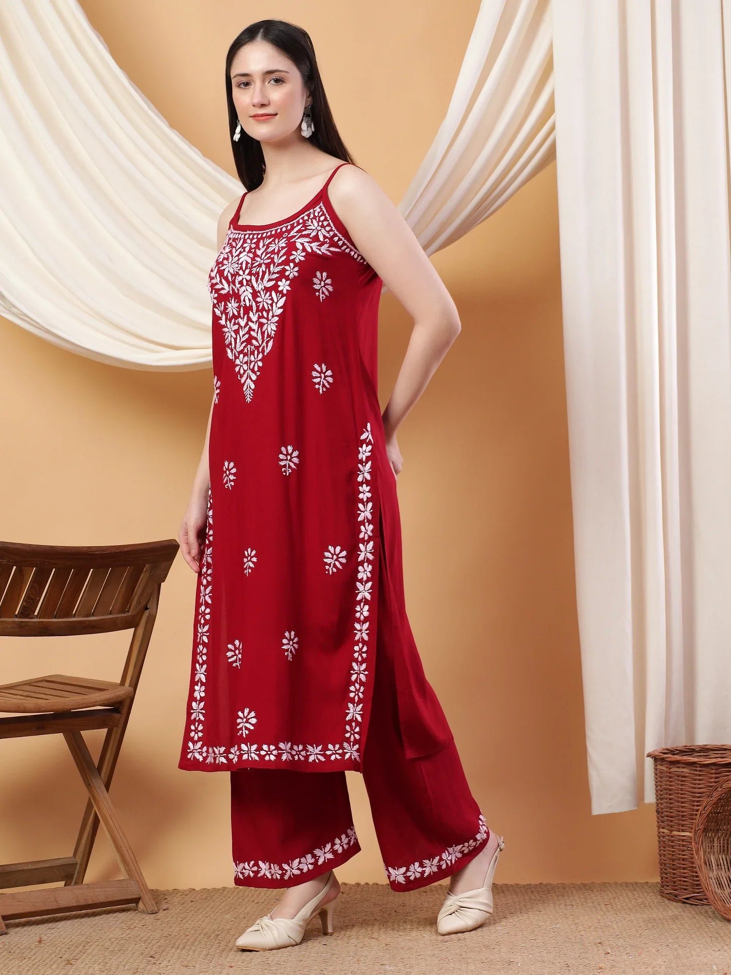 Raha Chikankari Strappy Rayon Co-ord Set (Maroon) - Image 4