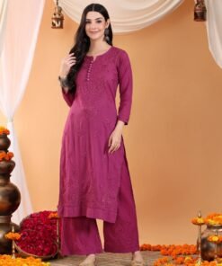 Priya Chikankari Kurta Palazzo Cotton Co-ord Set (Wine) - Image 3
