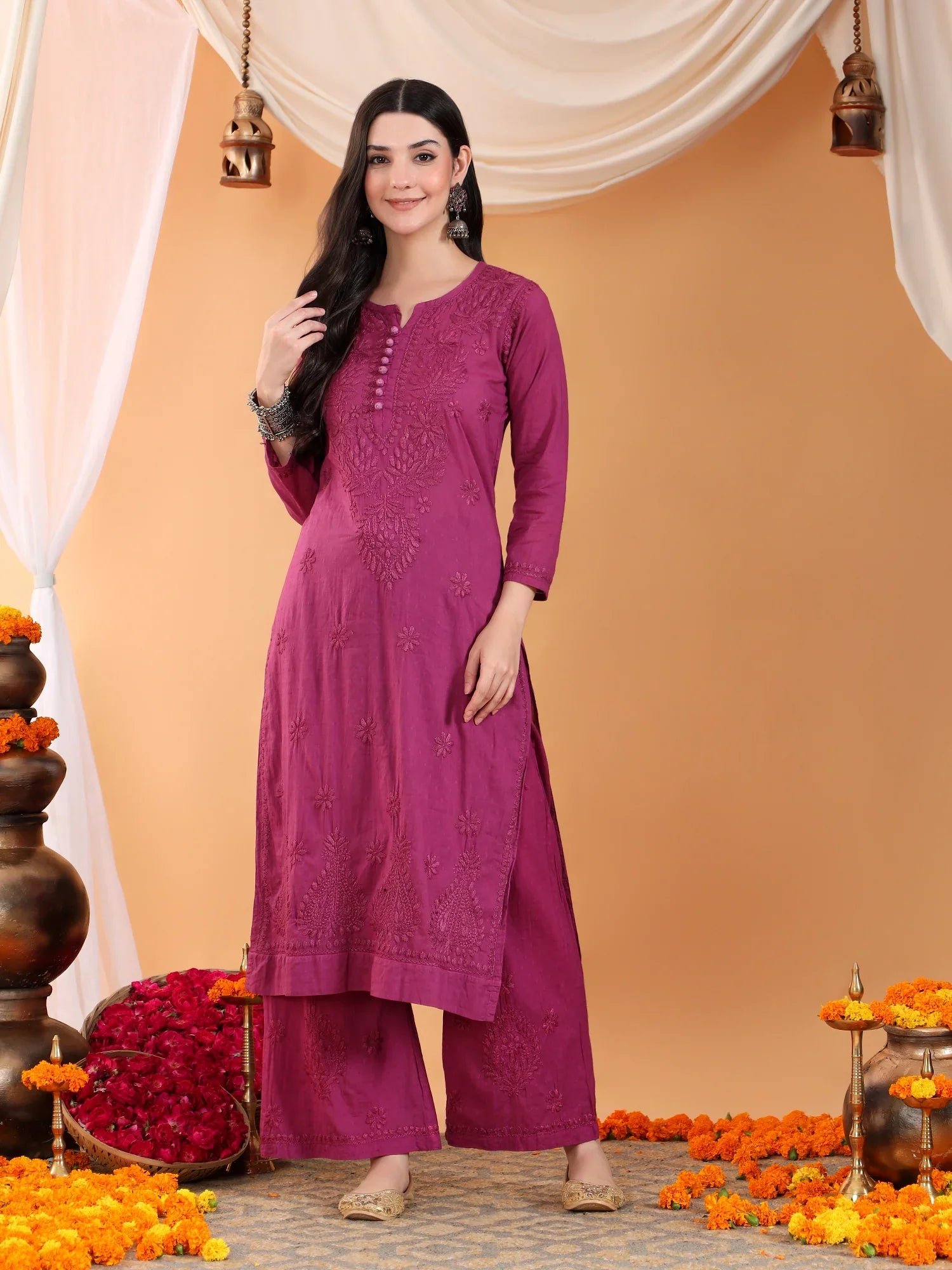 Priya Chikankari Kurta Palazzo Cotton Co-ord Set (Wine) - Image 3