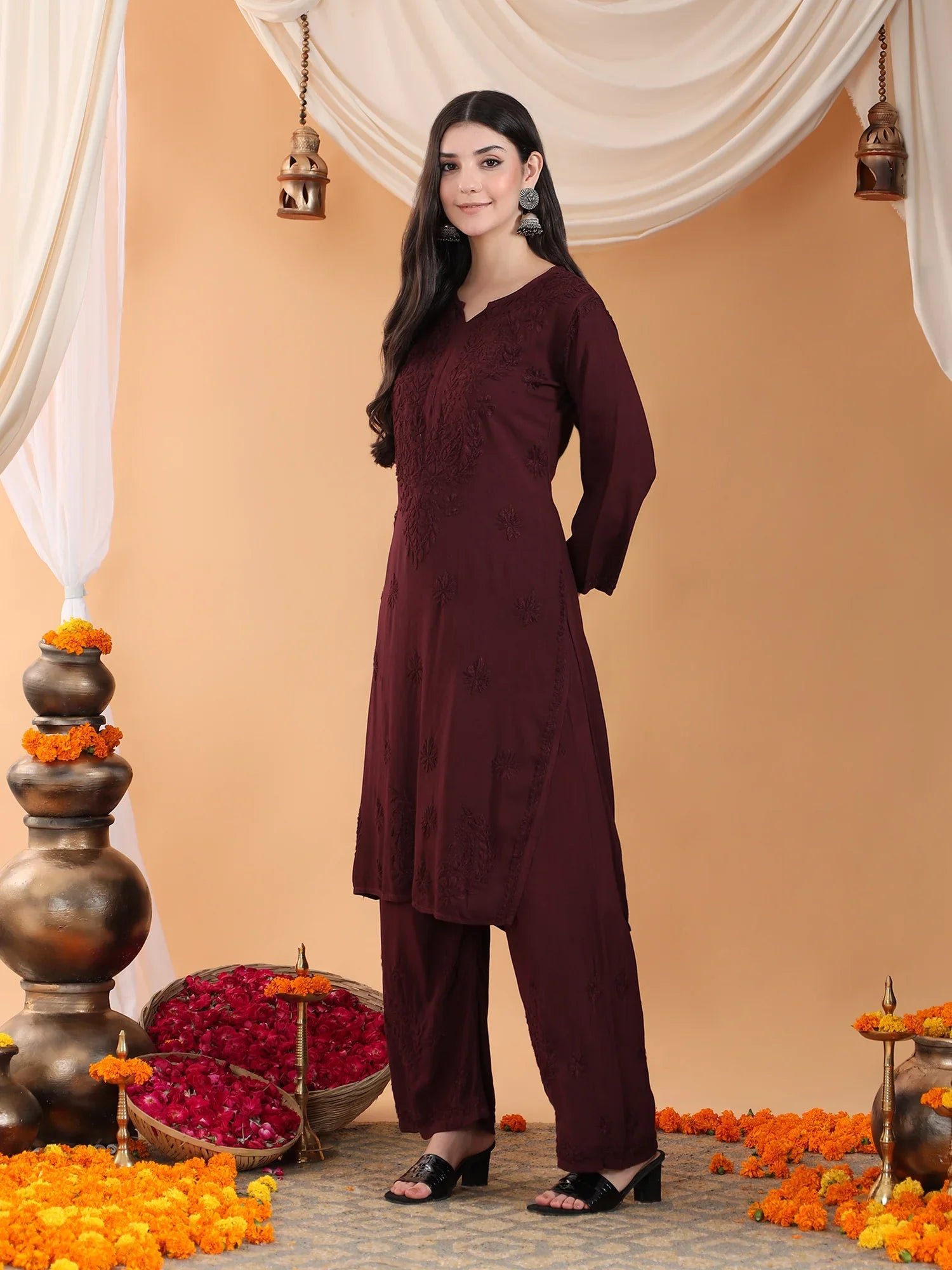 Maryam Chikankari Rayon Co-ord Set (Brown) - Image 7