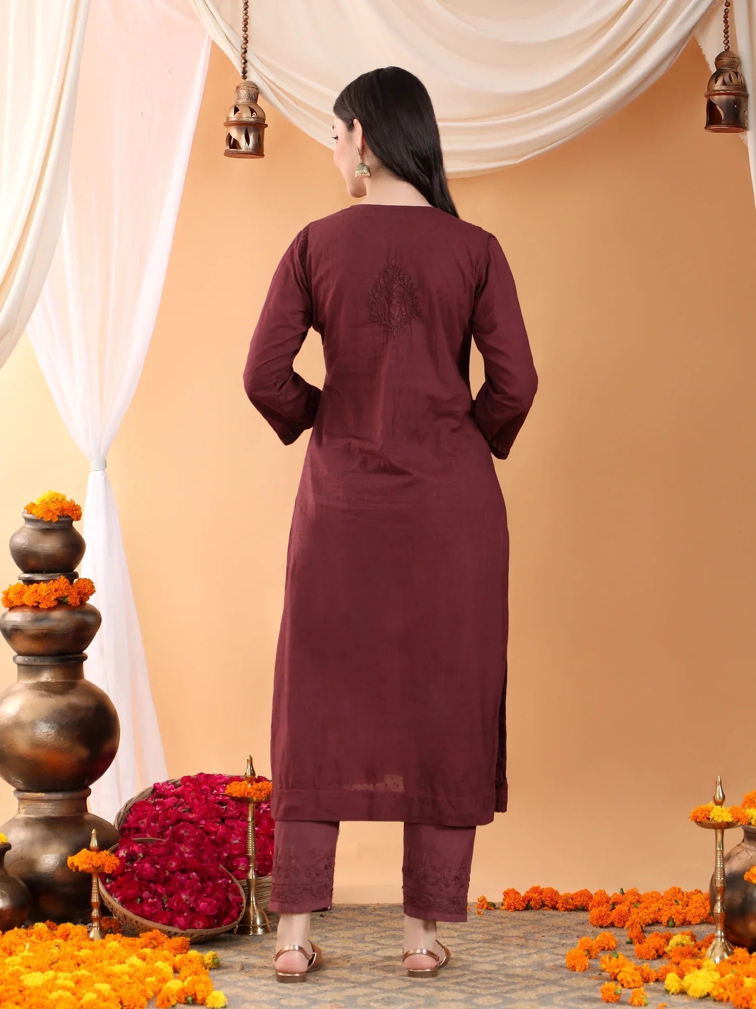 Ananya Chikankari Kurta Pant Cotton Co-ord Set (Brown) - Image 9