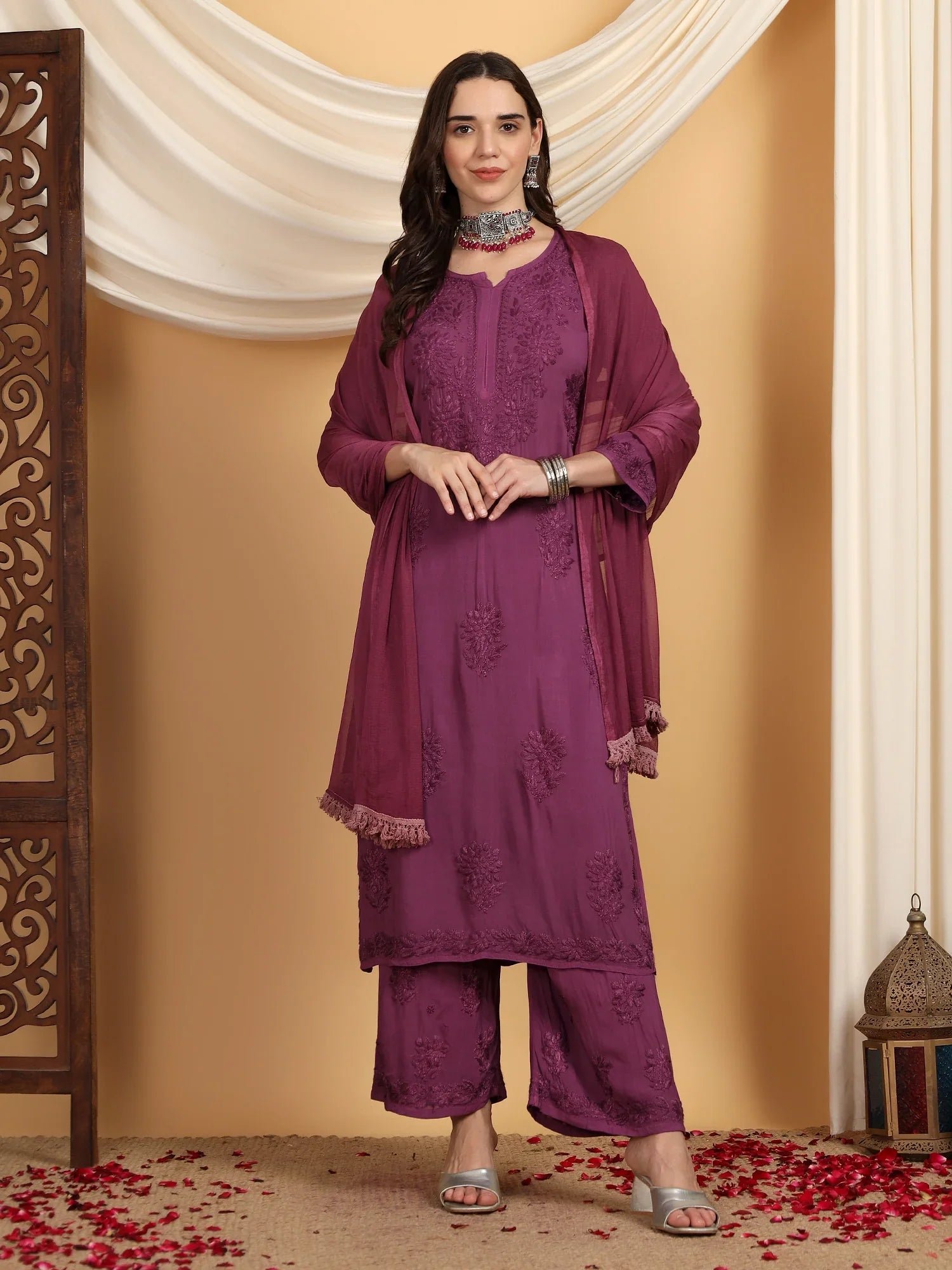 Farha Chikankari Premium Modal Co-ord Set (Wine) - Image 2