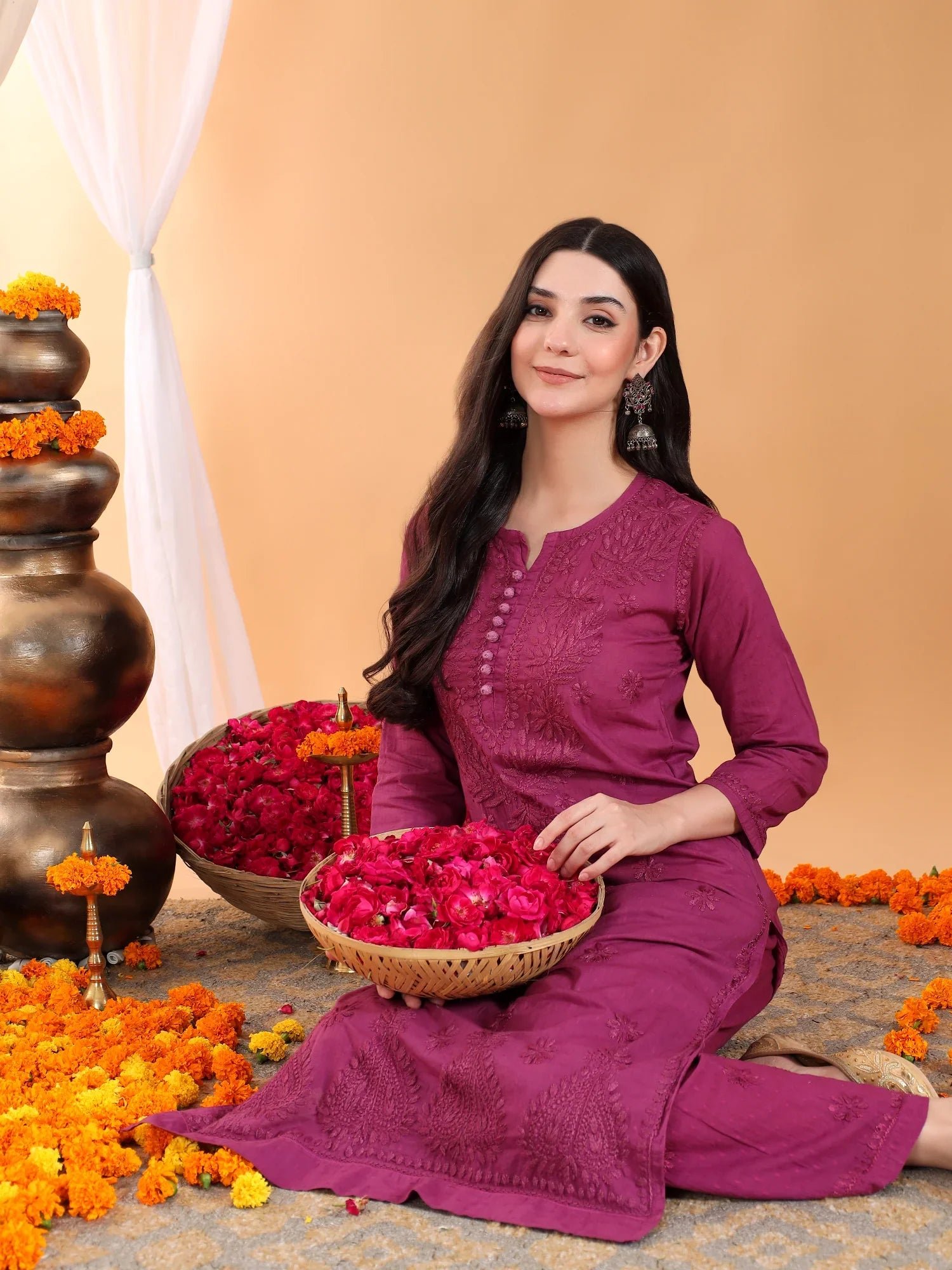 Priya Chikankari Kurta Palazzo Cotton Co-ord Set (Wine) - Image 4