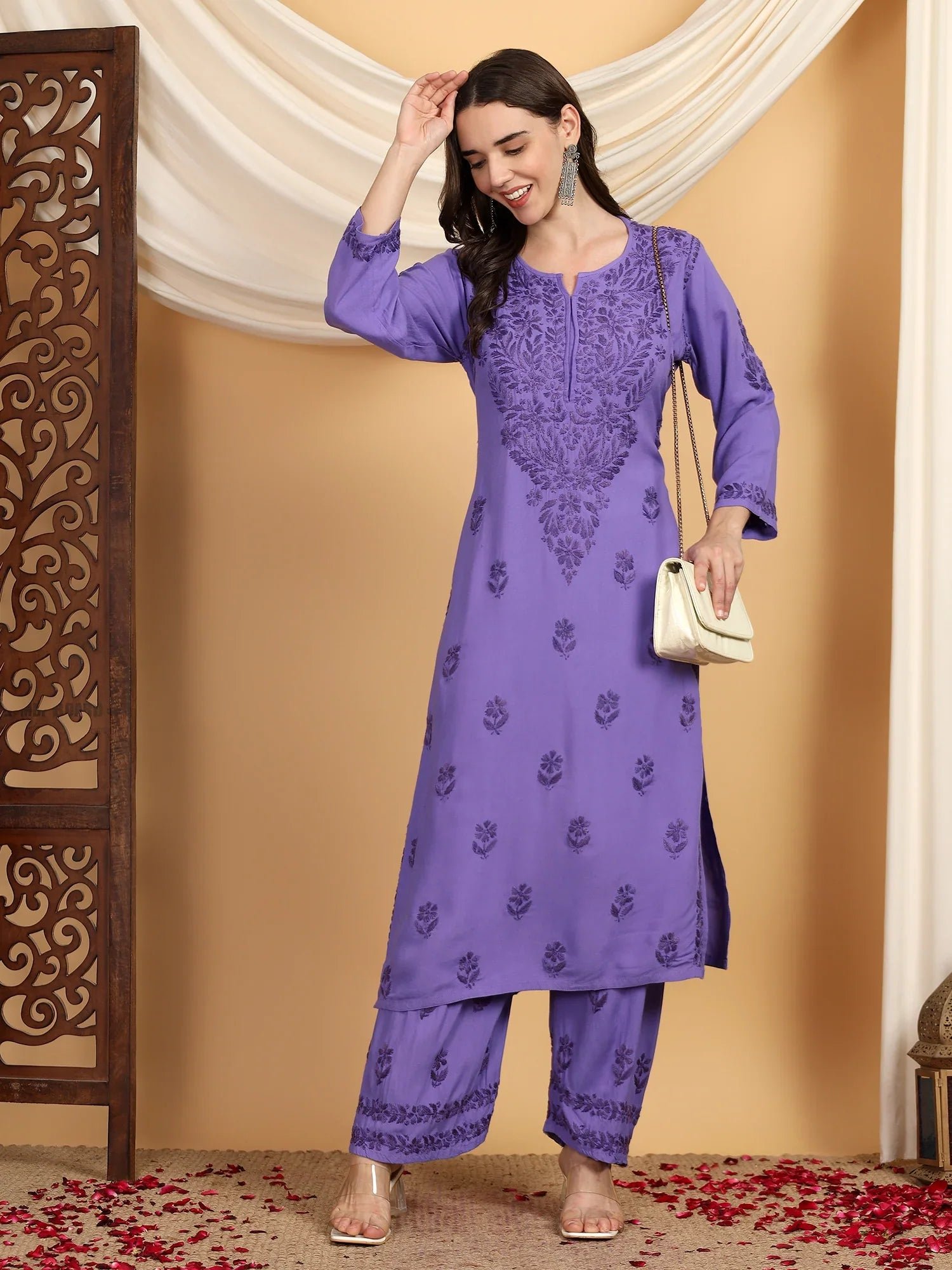 Faiza Chikankari Rayon Co-ord Set (Purple) - Image 4