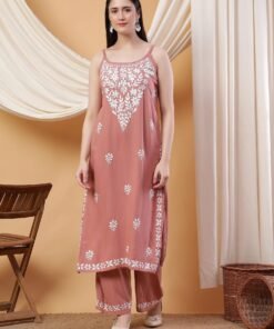 Raha Chikankari Strappy Rayon Co-ord Set (Nude Coral)