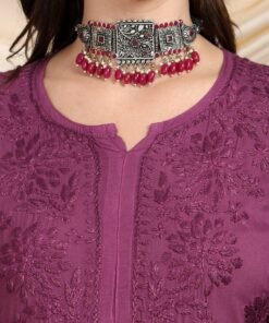 Farha Chikankari Premium Modal Co-ord Set (Wine) - Image 3