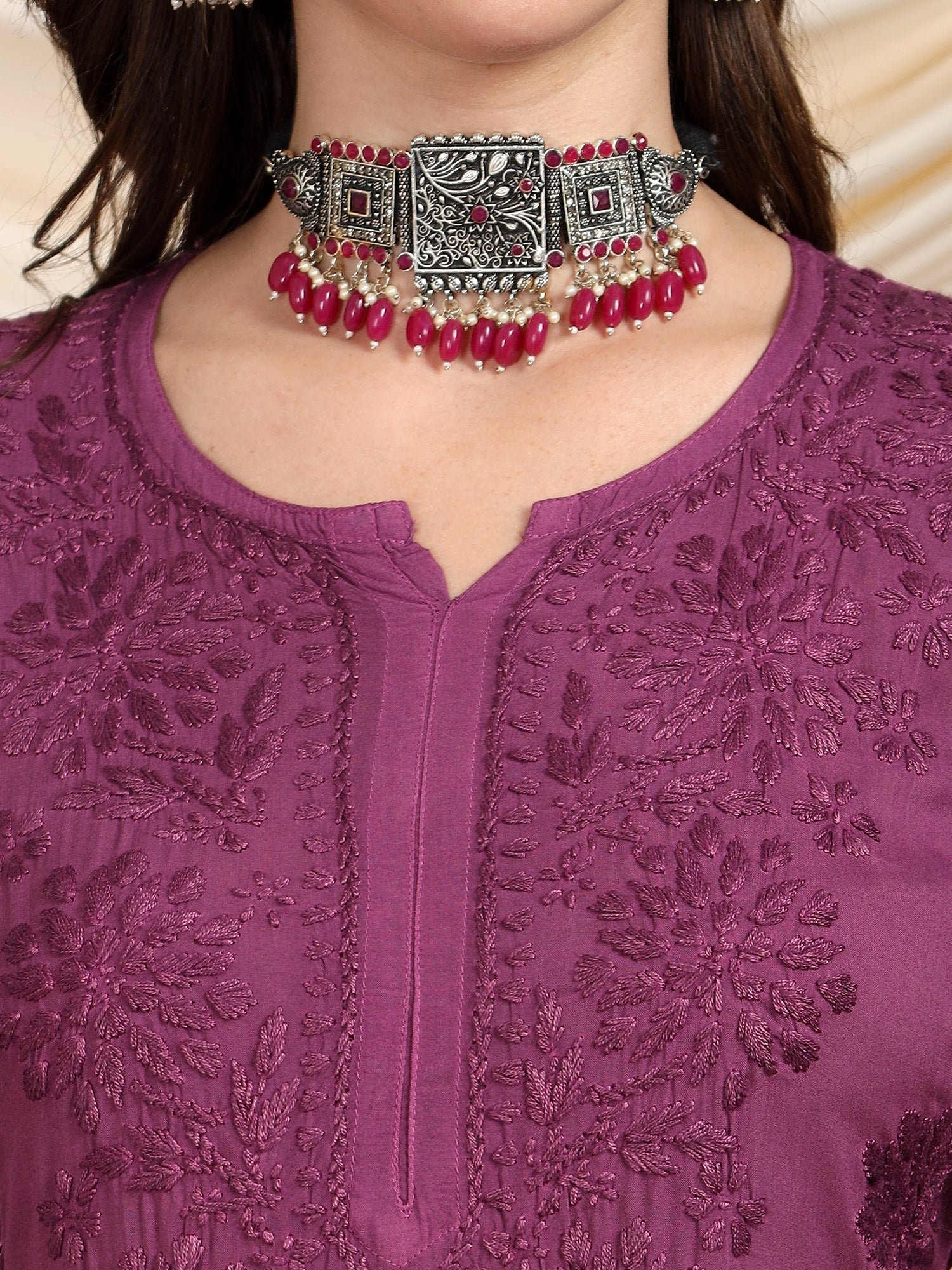 Farha Chikankari Premium Modal Co-ord Set (Wine) - Image 3