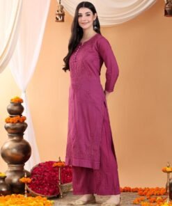 Priya Chikankari Kurta Palazzo Cotton Co-ord Set (Wine) - Image 5