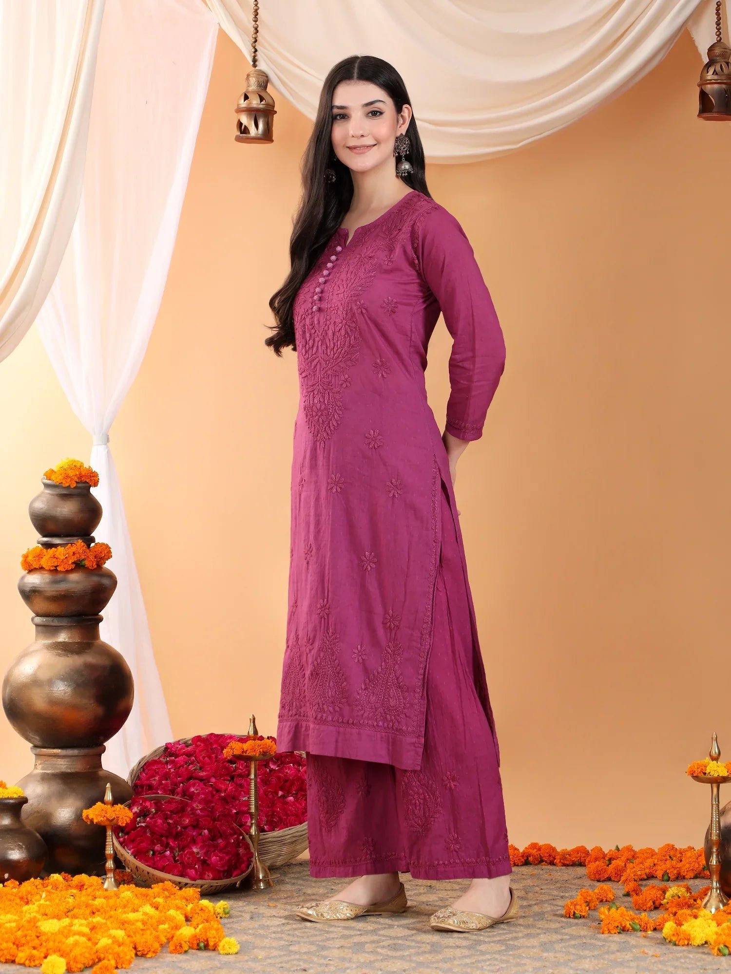 Priya Chikankari Kurta Palazzo Cotton Co-ord Set (Wine) - Image 5
