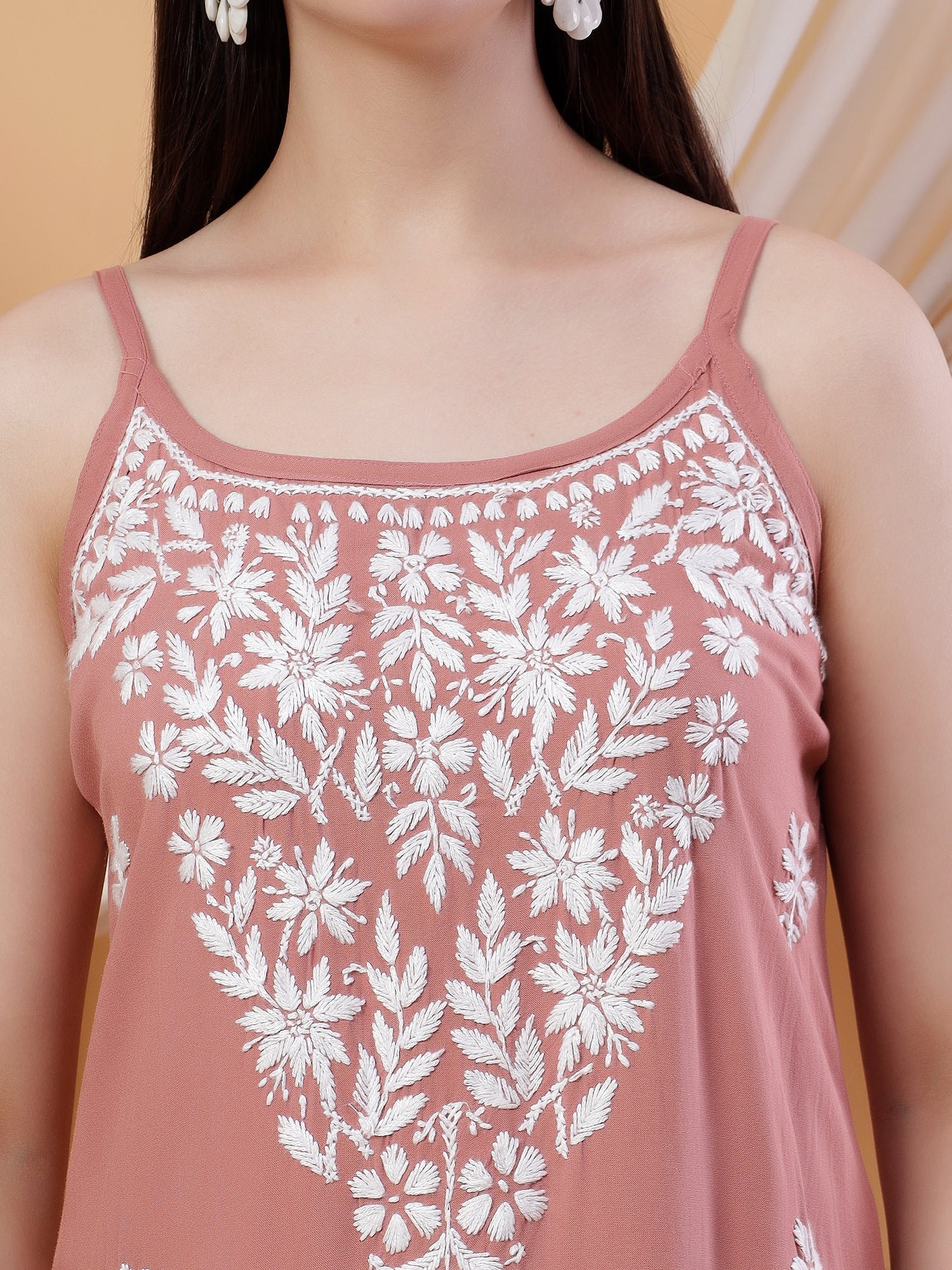 Raha Chikankari Strappy Rayon Co-ord Set (Nude Coral) - Image 2