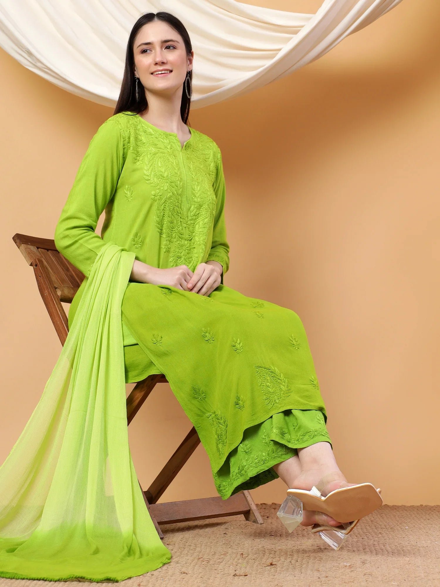 Meher Chikankari Ombre Rayon Co-ord Set (Green) - Image 2