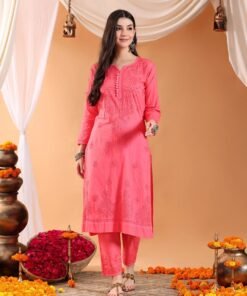 Alternative view of Ananya Chikankari Kurta Pant Cotton Co-ord Set (Coral)