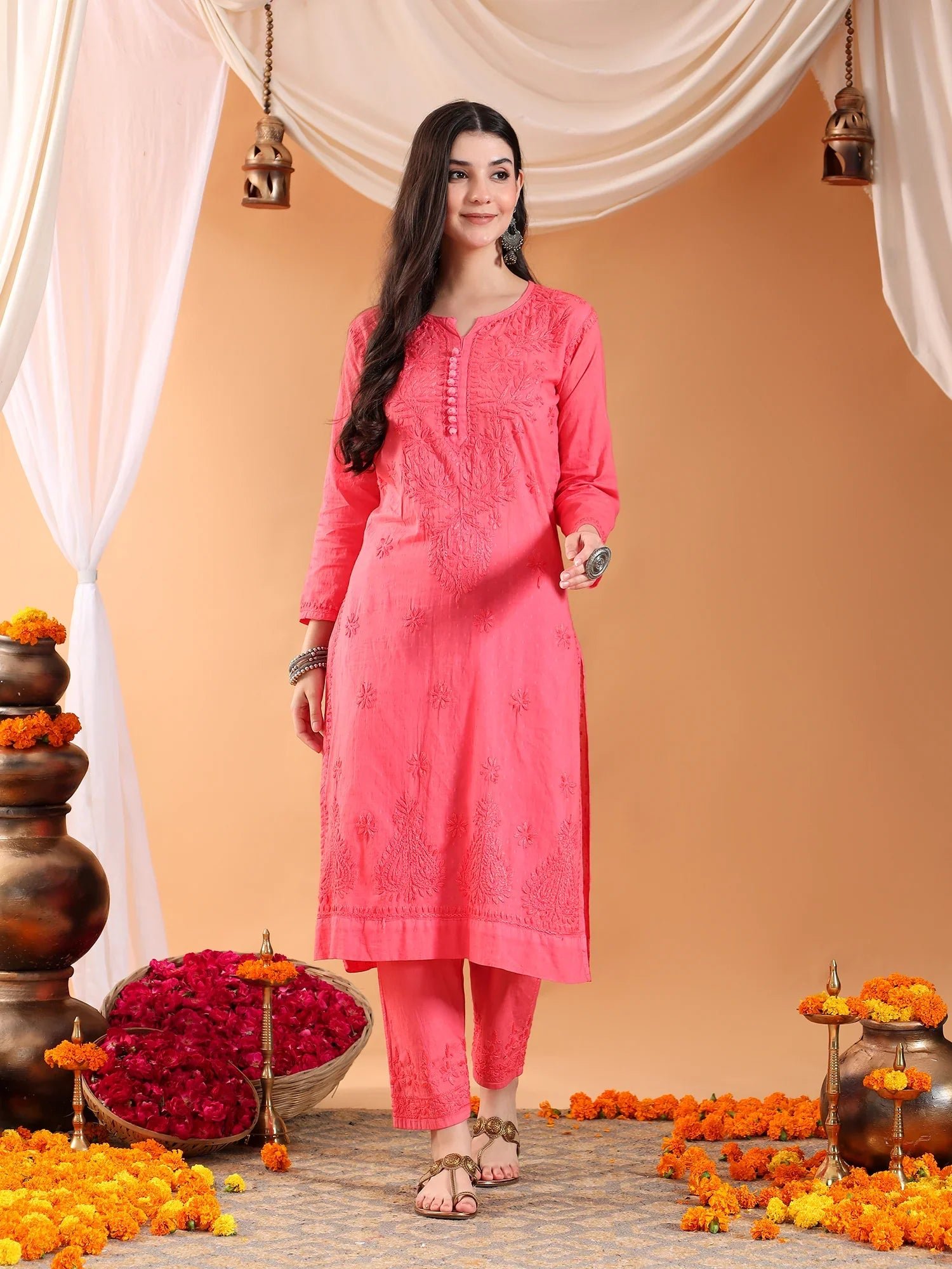 Ananya Chikankari Kurta Pant Cotton Co-ord Set (Coral) - Image 2