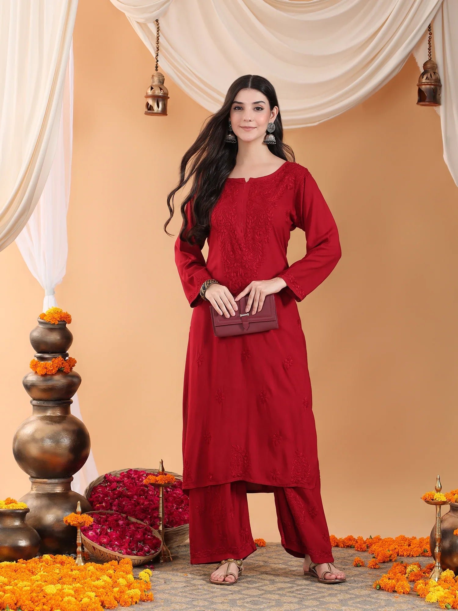 Maryam Chikankari Rayon Co-ord Set (Maroon)