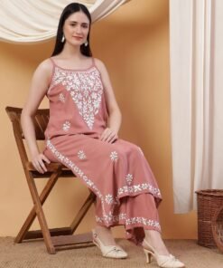 Raha Chikankari Strappy Rayon Co-ord Set (Nude Coral) - Image 3