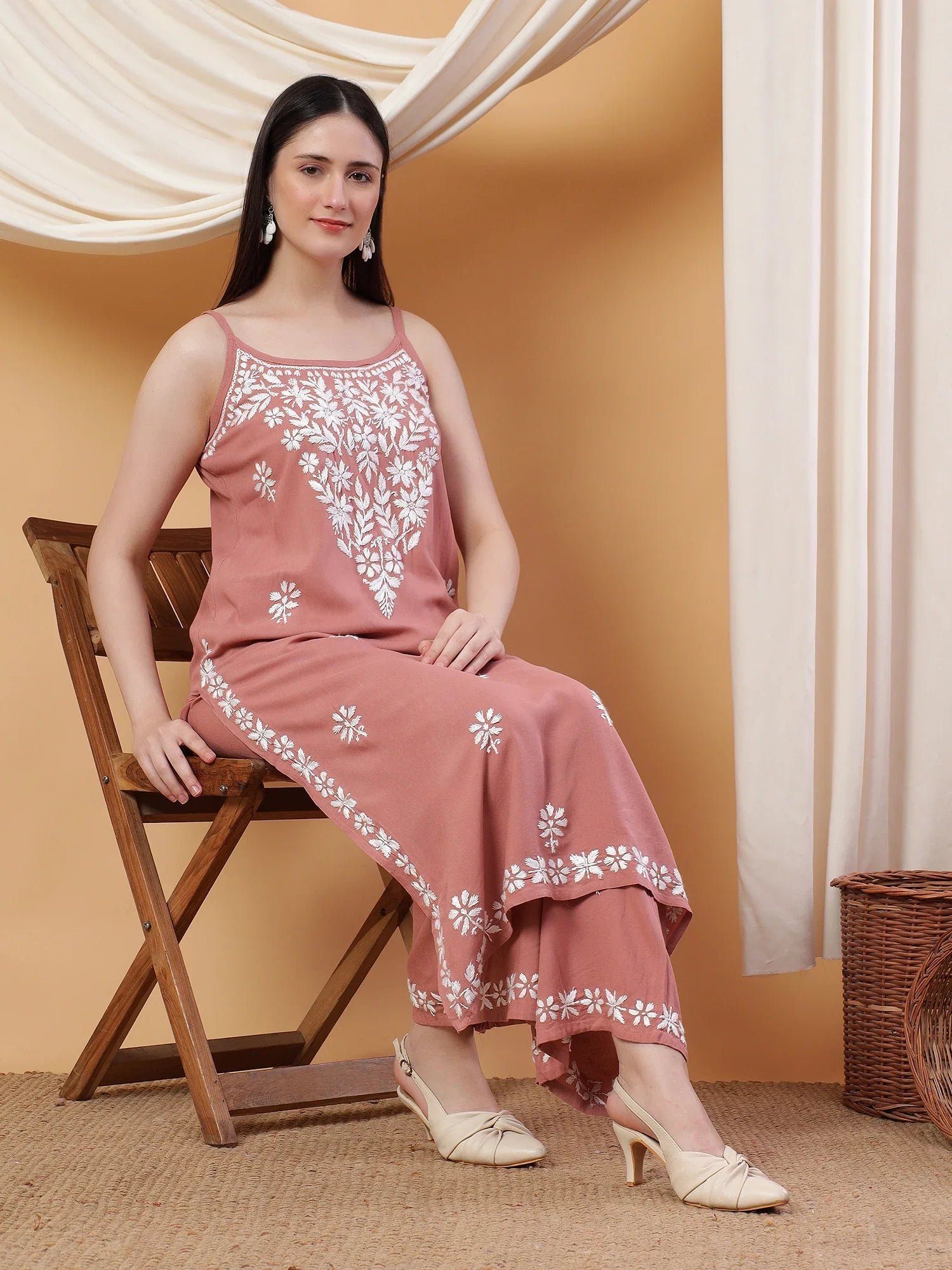 Raha Chikankari Strappy Rayon Co-ord Set (Nude Coral) - Image 3