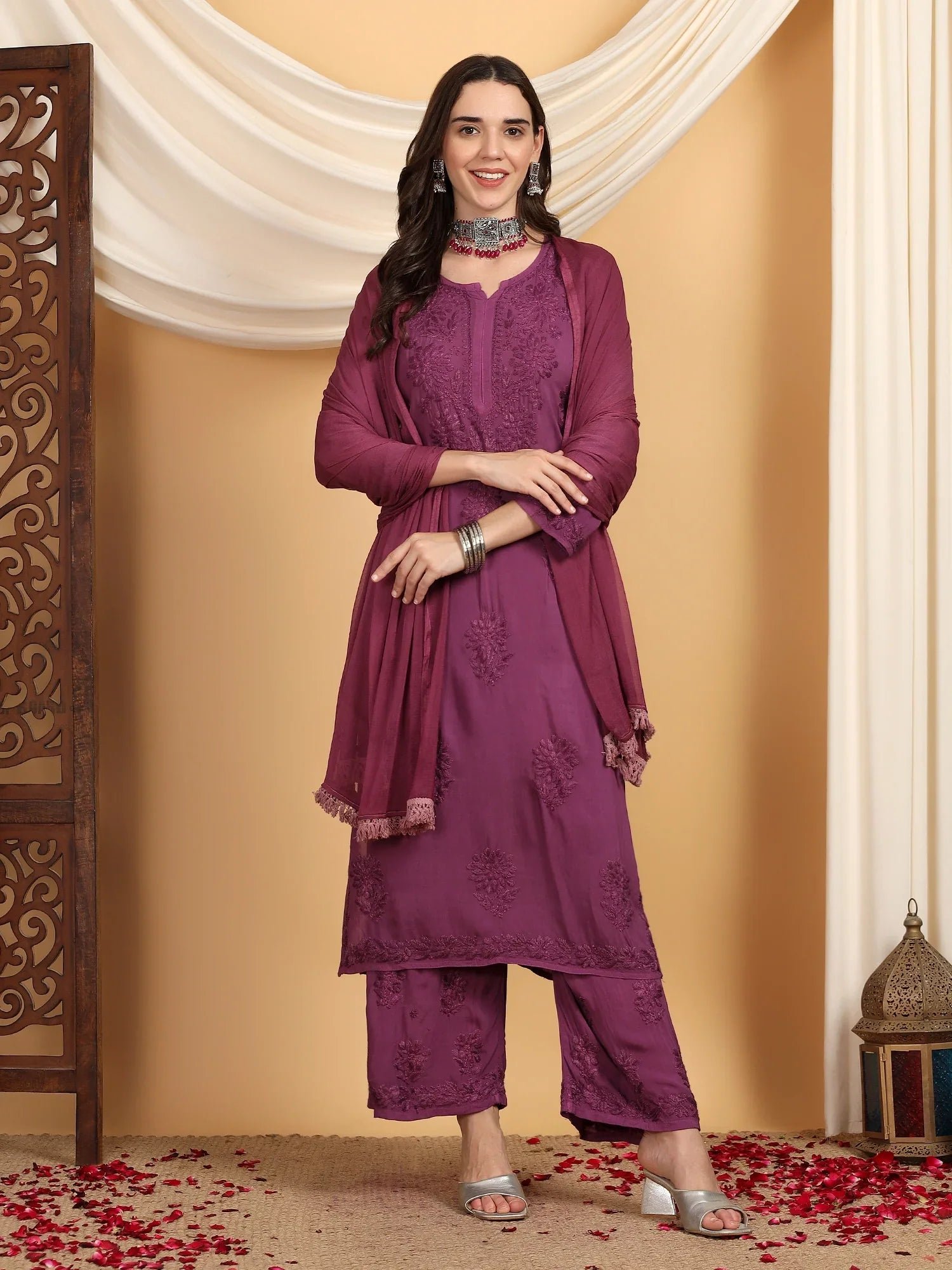 Farha Chikankari Premium Modal Co-ord Set (Wine) - Image 4