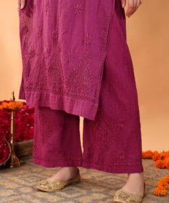 Priya Chikankari Kurta Palazzo Cotton Co-ord Set (Wine) - Image 6