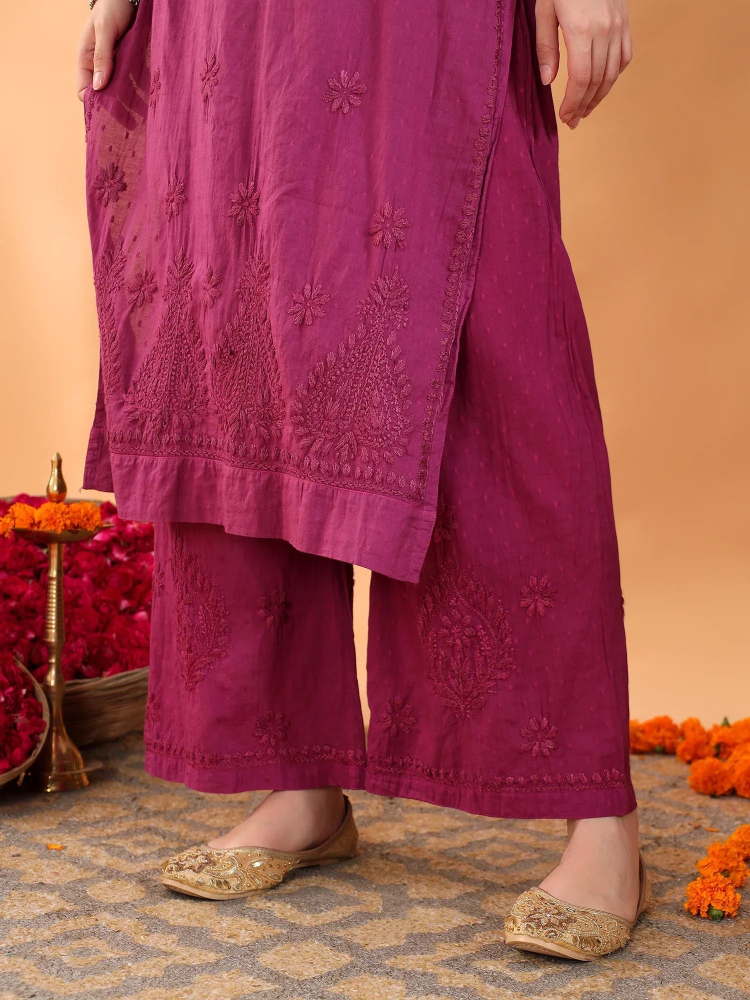 Priya Chikankari Kurta Palazzo Cotton Co-ord Set (Wine) - Image 6